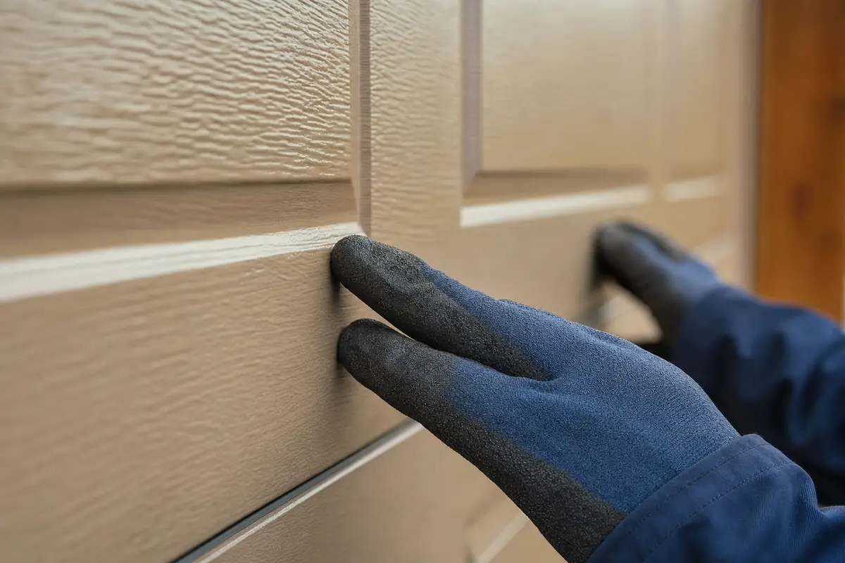 Gloved hands checking the alignment between two panels of a new door