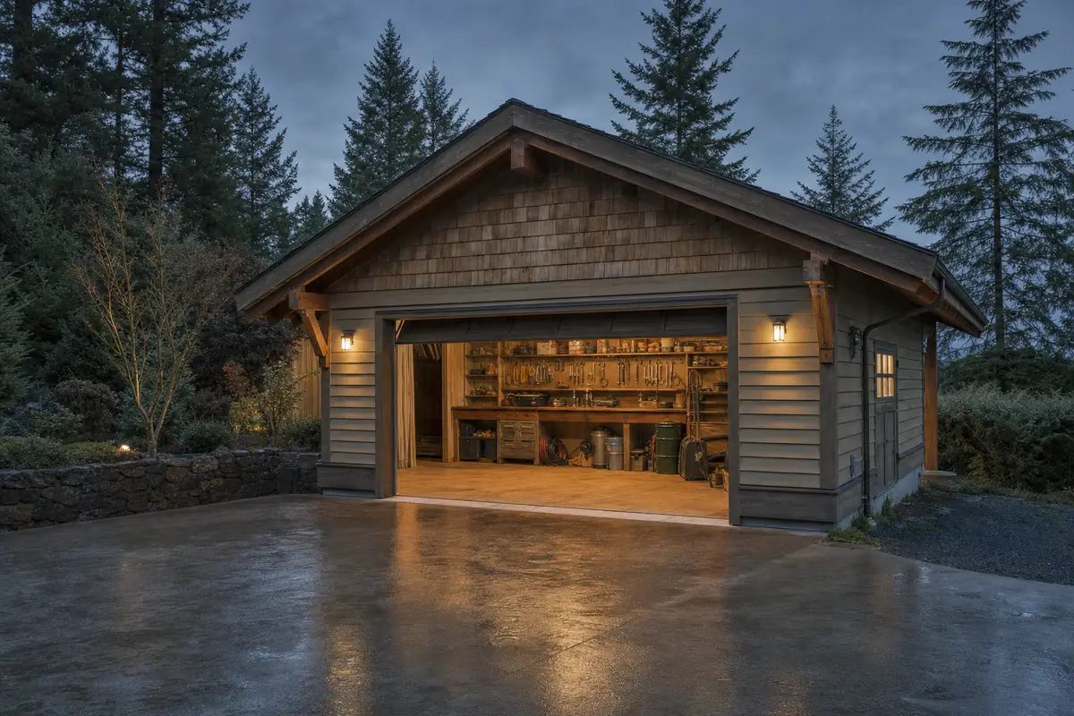 A garage at dusk with the door open and the work light on