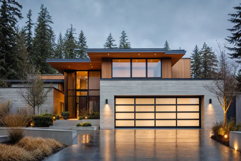 A modern full-view glass garage door glowing at dusk on a West Coast home