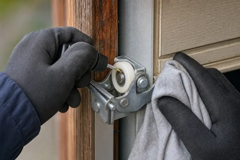 Lubricant being worked into a nylon roller on a garage door hinge