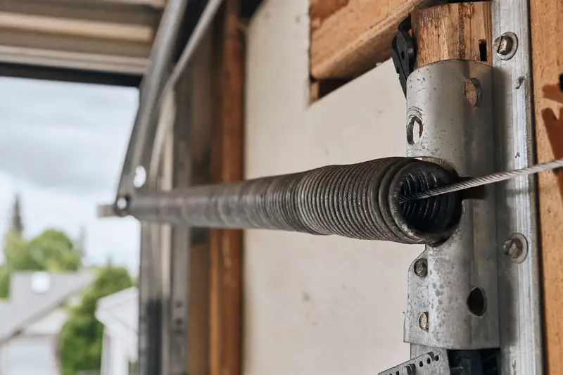 A stretched extension spring with its safety cable along a garage door track