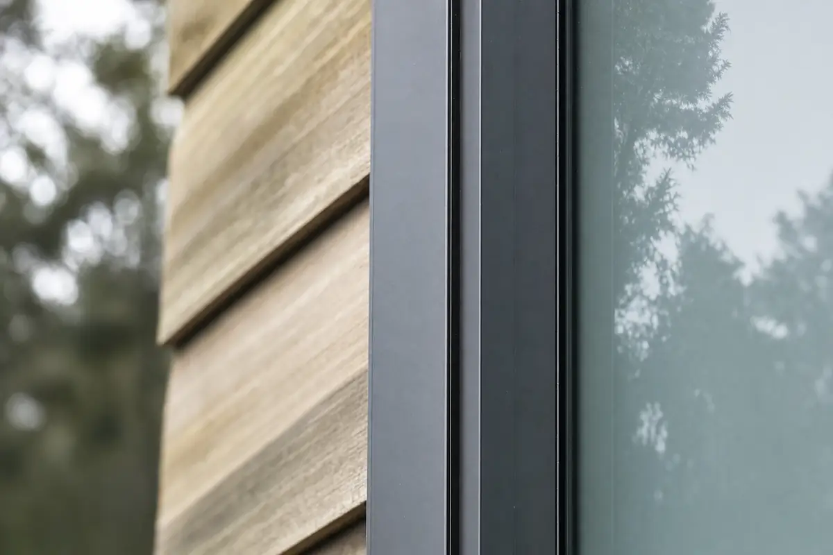 Close on a slim black anodised aluminium stile meeting a panel of frosted glass