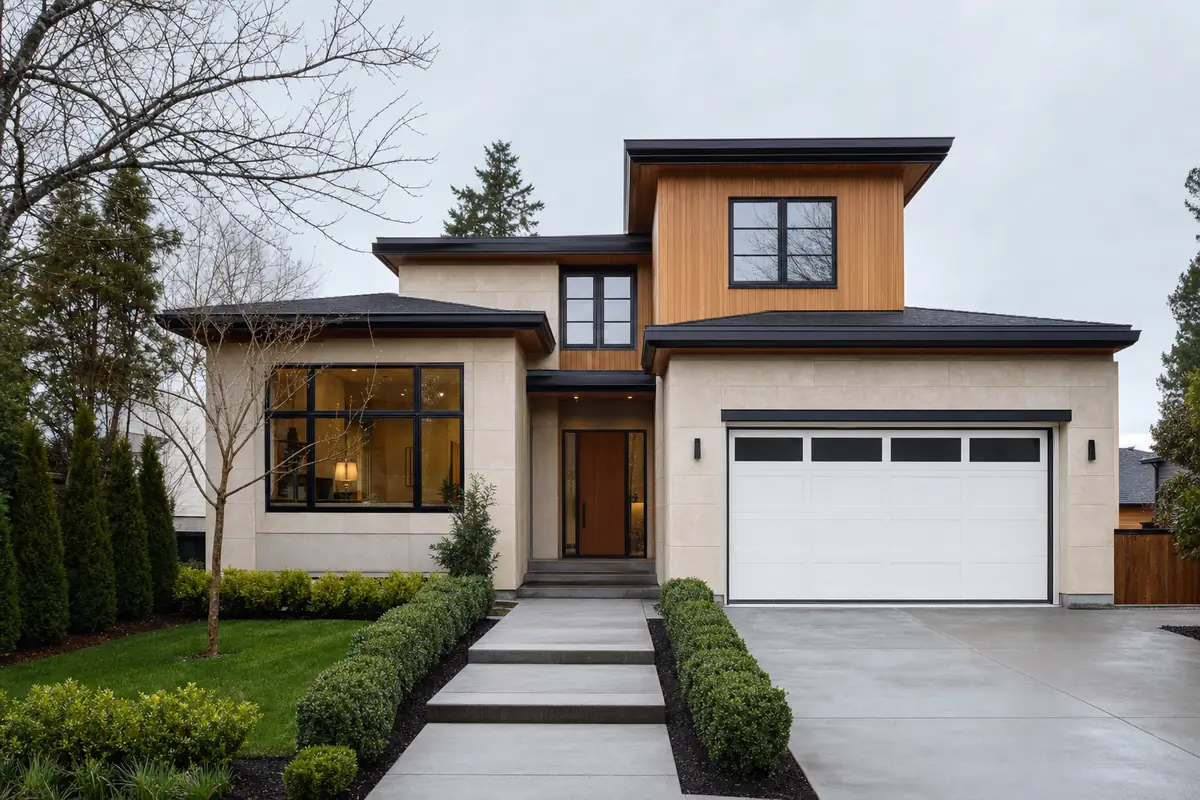 A white insulated steel shaker garage door on a modern Vancouver home