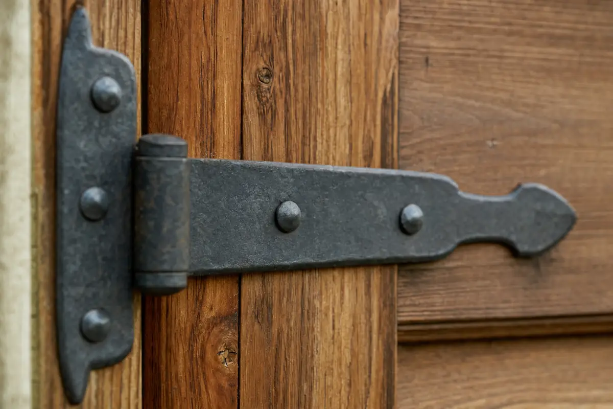 Close on the grain and hardware of a timber entry door