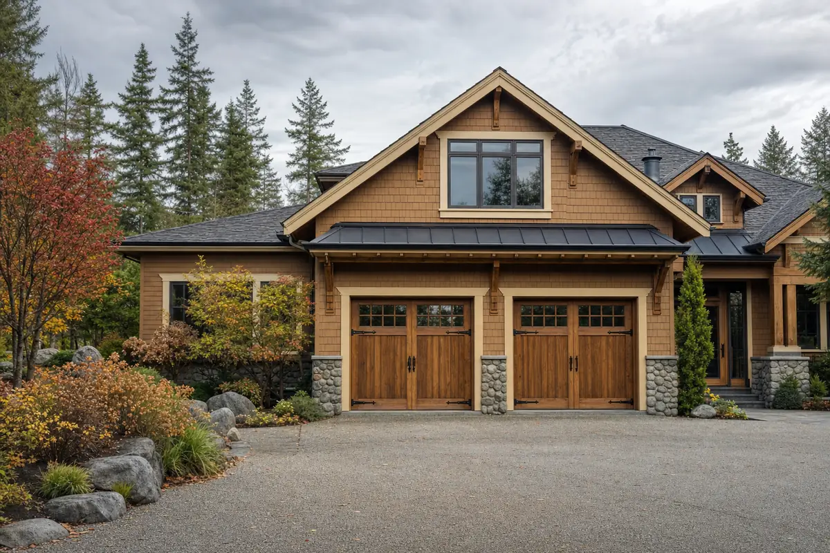 Stained cedar carriage-house garage doors with wrought iron strap hinges