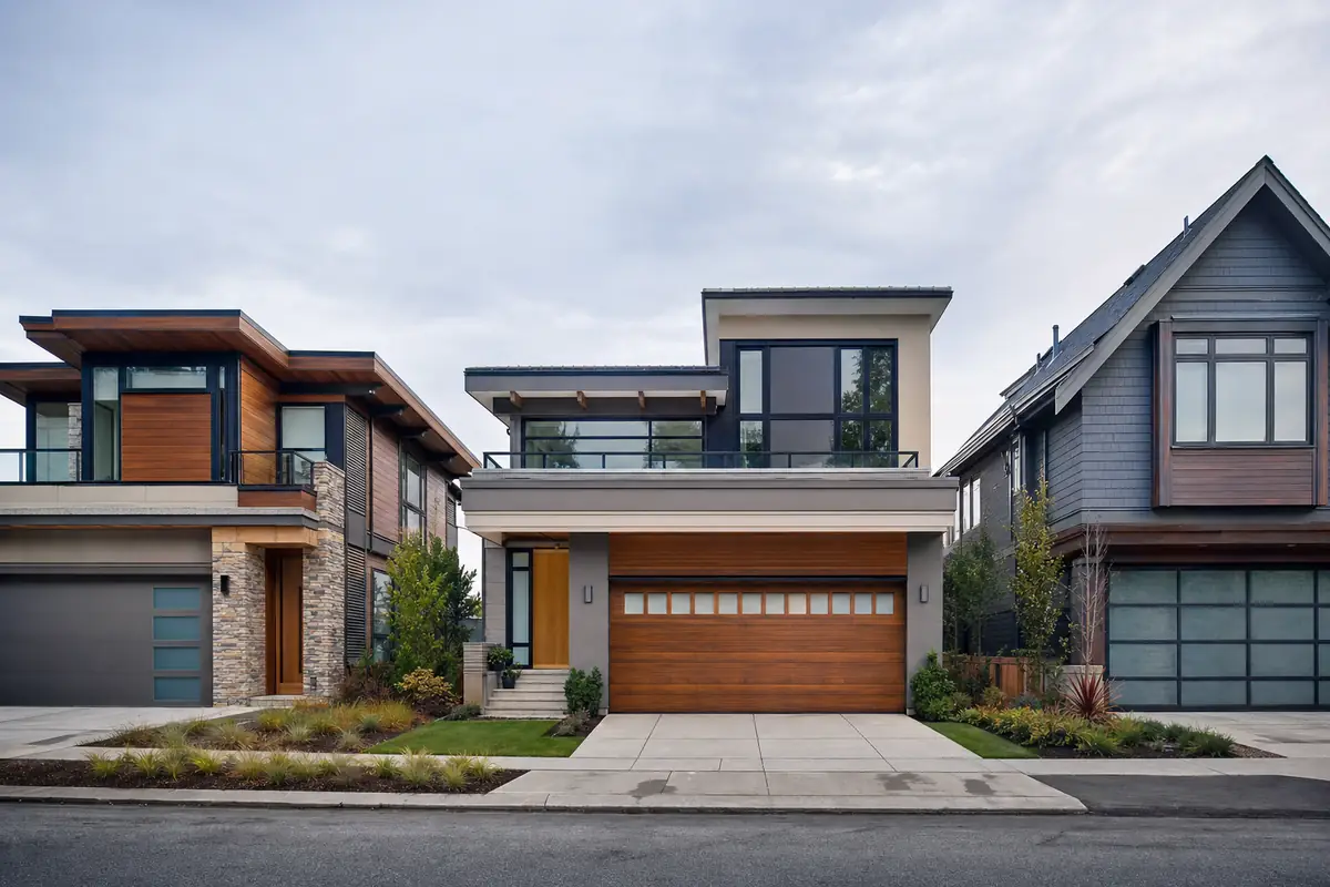 A contemporary Vancouver home with a warm timber-look double garage door