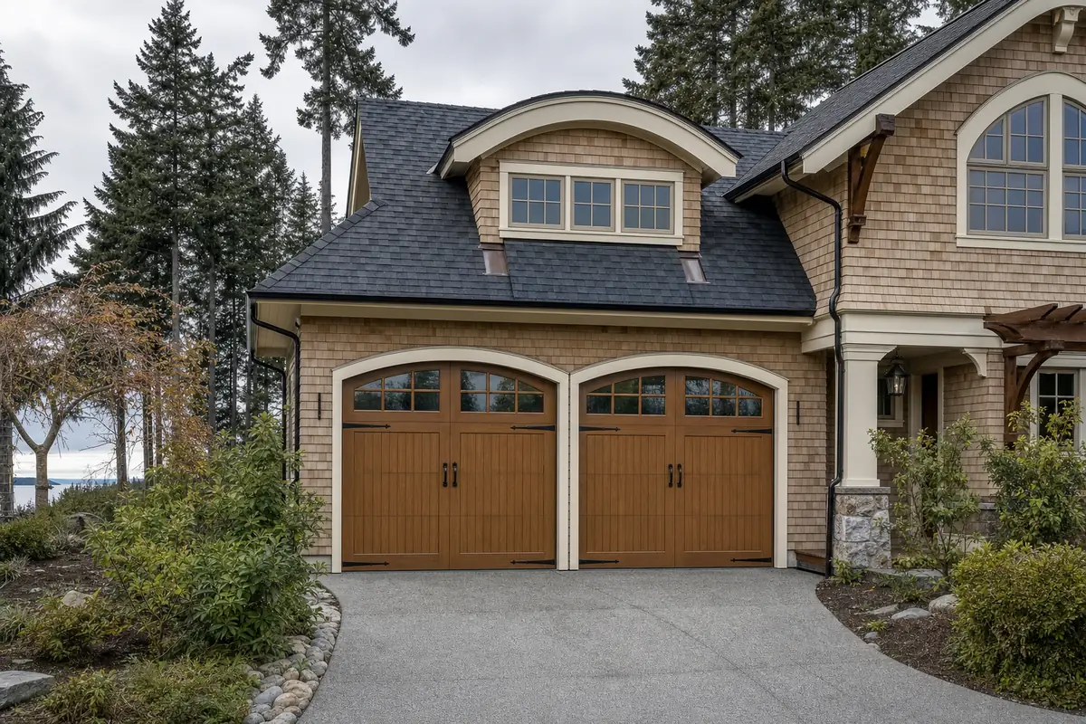 A carriage-house style garage door with faux-wood overlays and iron strap hinges