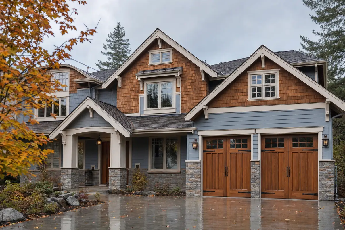 Cedar carriage-style garage doors with heavy strap hinges on a craftsman home