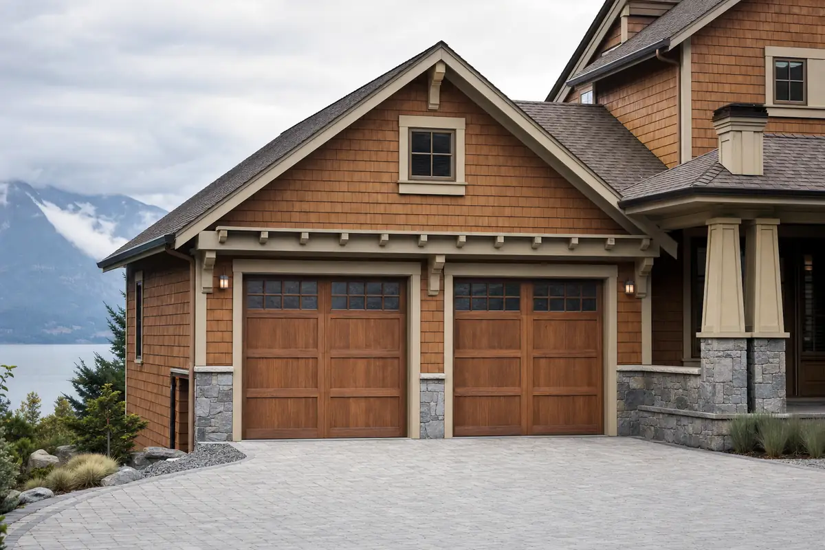 A stained cedar garage door with traditional flat panels on a shingled home