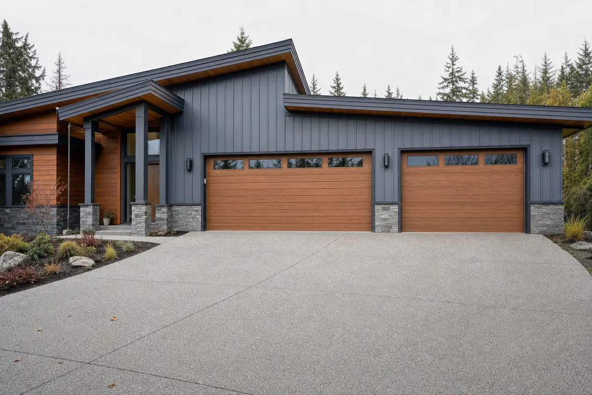 A faux-wood grain garage door with a narrow window band on a contemporary house