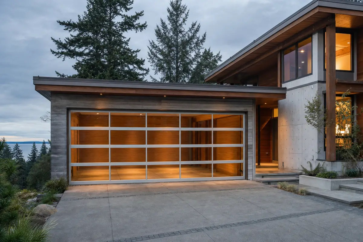 A full-view aluminium garage door with clear glazing, garage lit warmly at dusk