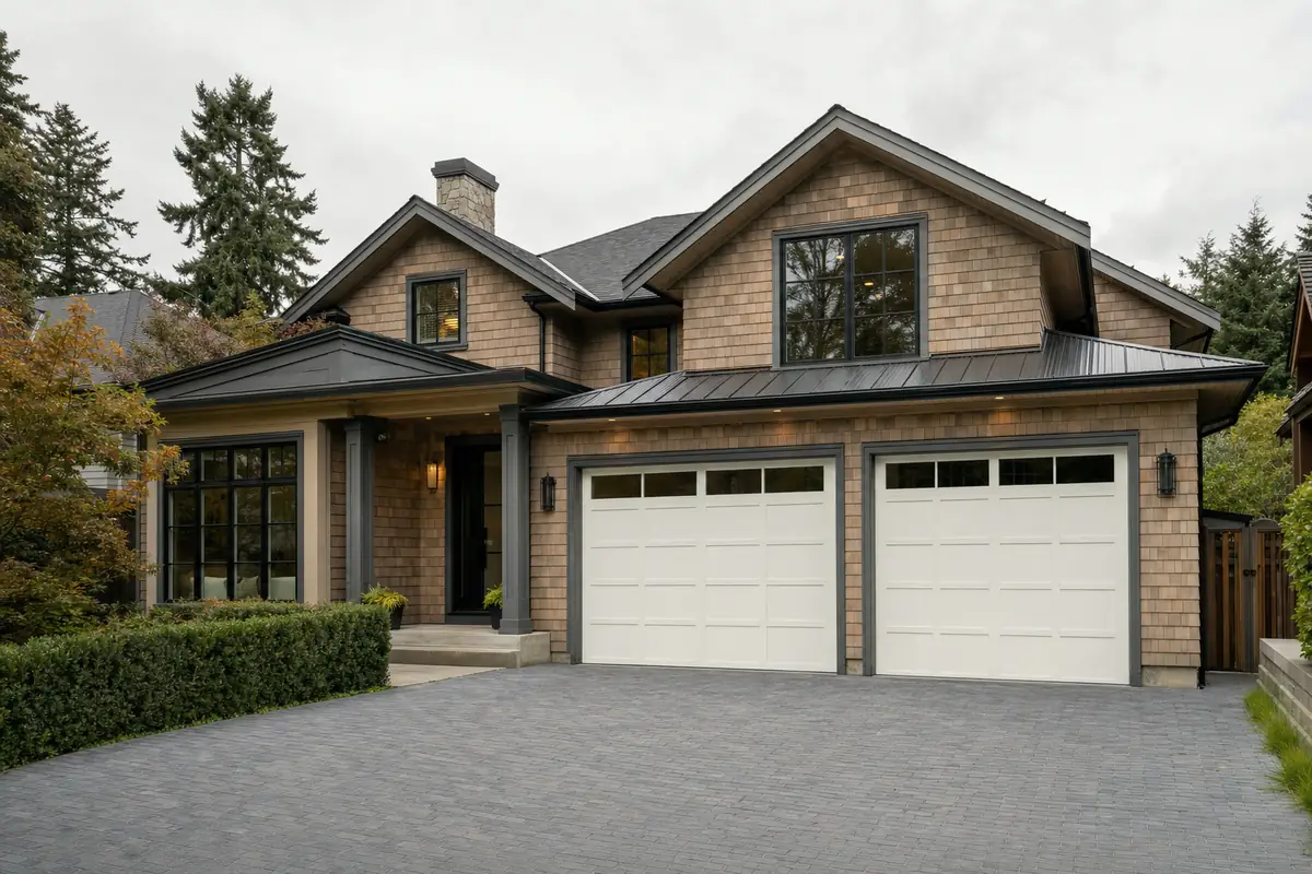 A white insulated steel shaker garage door on a transitional Vancouver home
