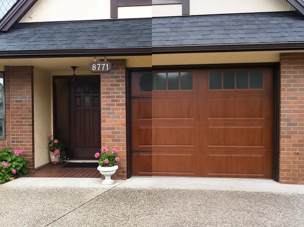 Clopay Gallery Door, Long Panel, Walnut Grain Finish, long Rec windows.