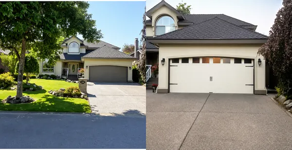 An example of how a new garage door can increase curb appeal and update your home. This is a Clopay Short Panel Almond colour garage door wi