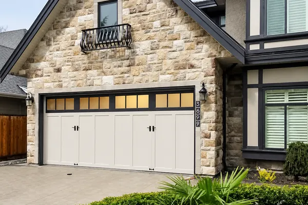 Custom Carriage Style Clopay Coachman Door. Top section painted with special factory approved paint.