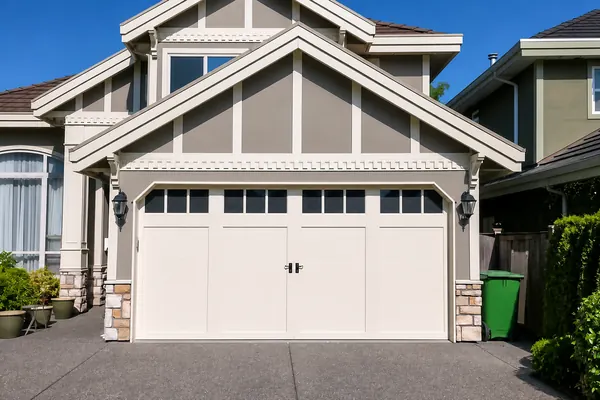 Modern carriage style door &mdash; Clopay Coachman garage door in Almond, Design 11, Rec 13 obscure windows, with Keyhole handles.