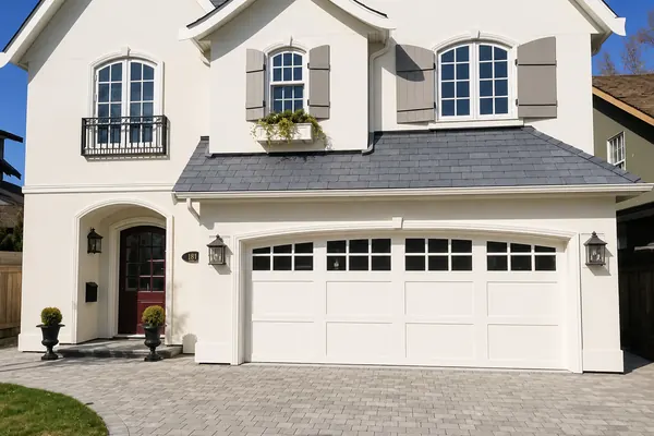 Perfect complement to this fully custom home &mdash; Clopay Semi-Custom wood garage door, in a custom paint colour to match the home.