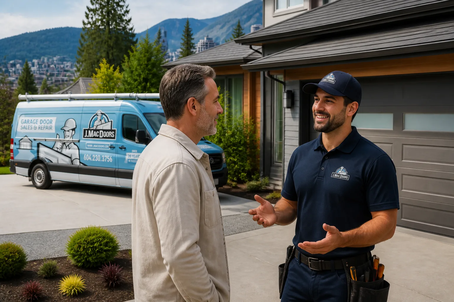 J.Mac Doors technician talking with a homeowner after a repair