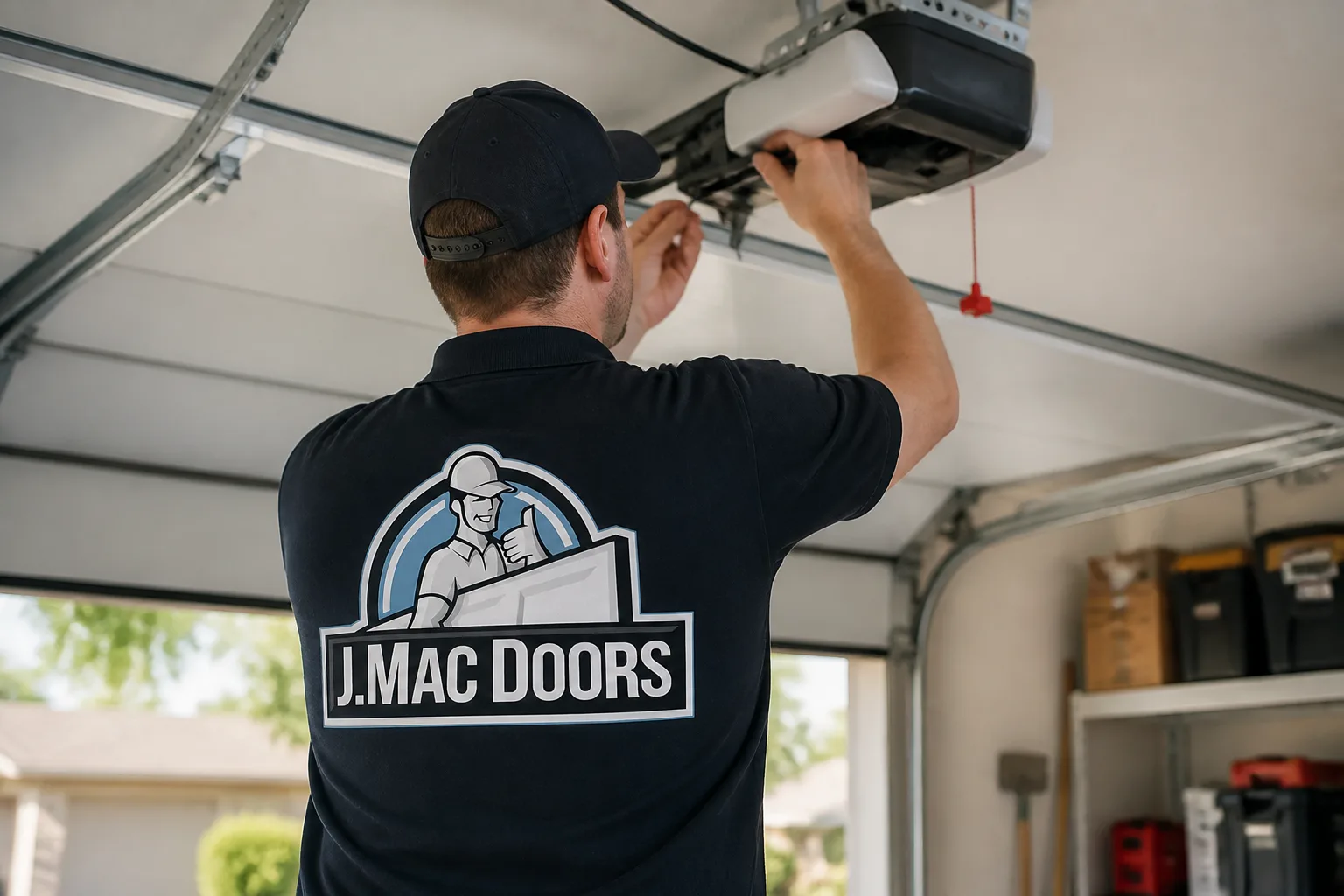 J.Mac Doors technician installing a LiftMaster garage door opener