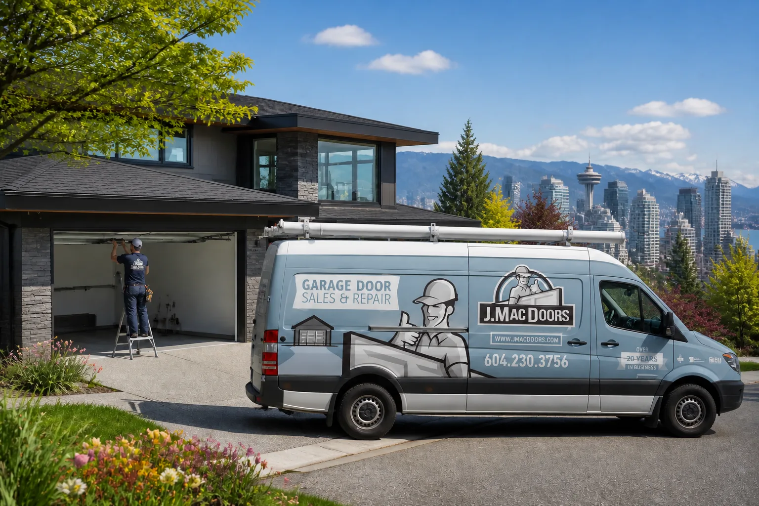 J.Mac Doors service van at a Vancouver home overlooking downtown