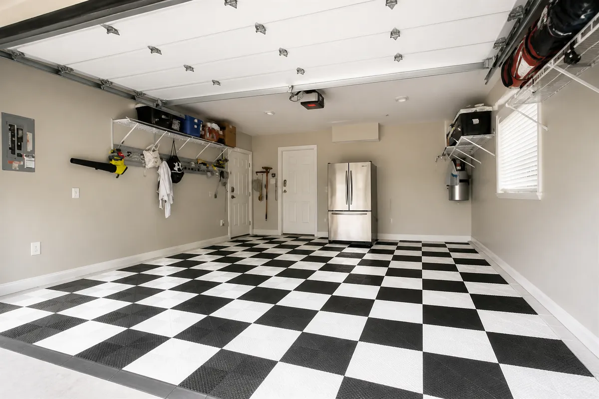 Johnny's finished garage with the new door and checkerboard floor