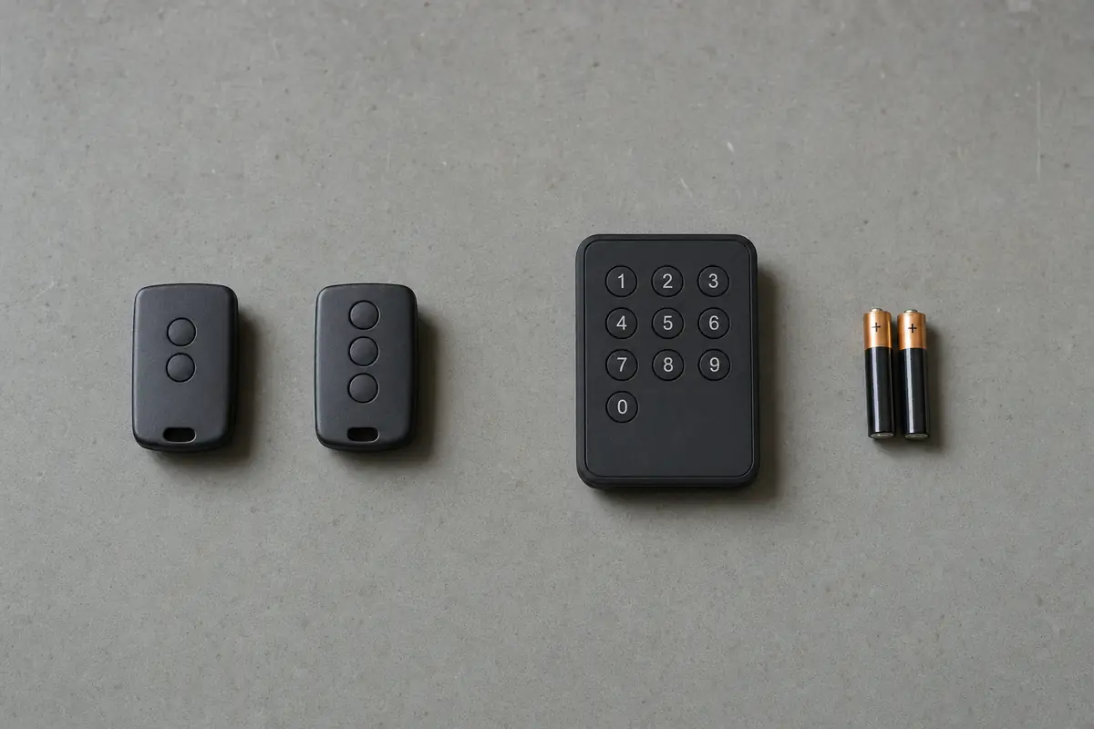 Remotes, a keypad and fresh batteries laid out on a workbench