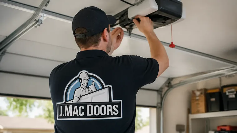 A J.Mac technician servicing a garage door opener